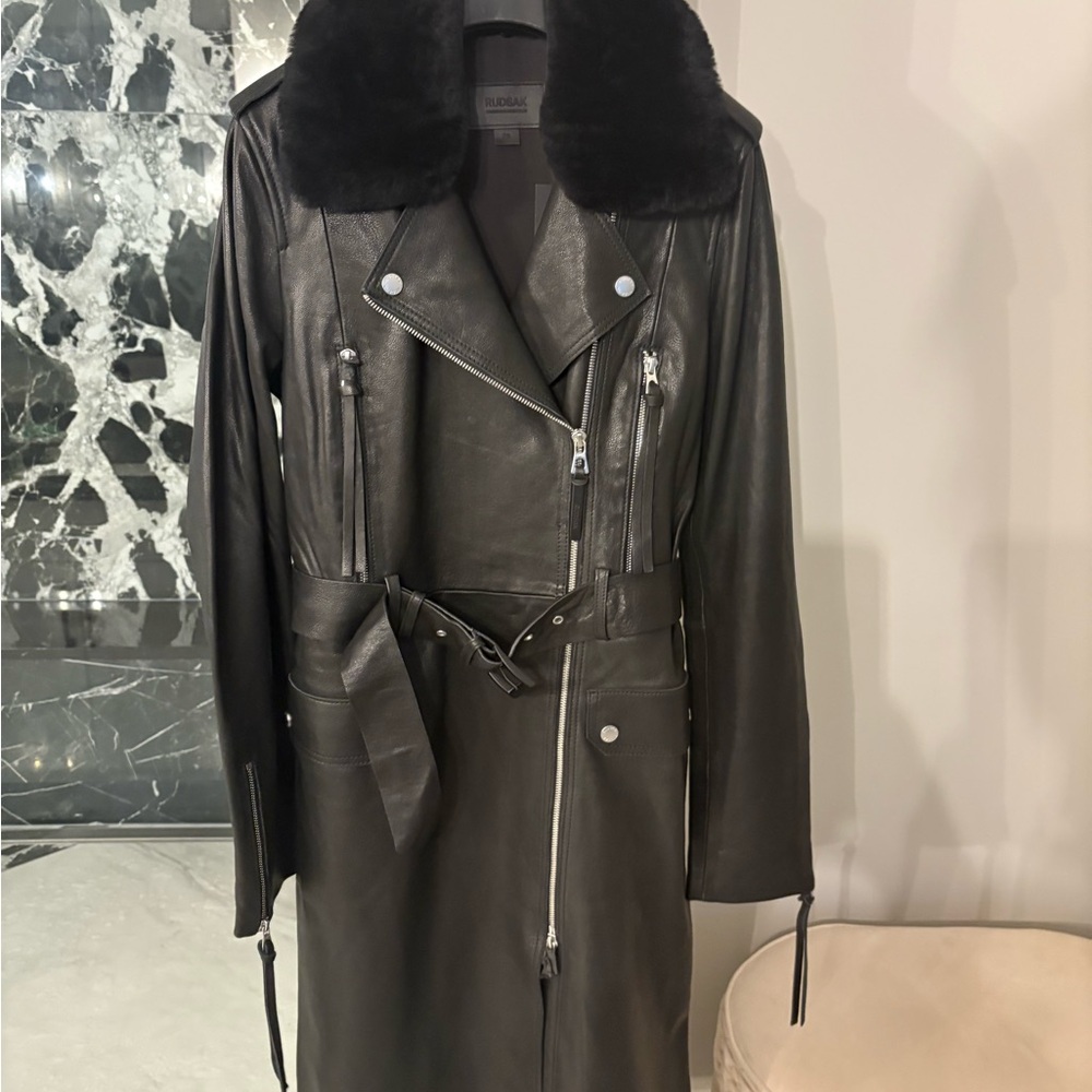 RUDSAK Black Leather Jacket with Fur Collar